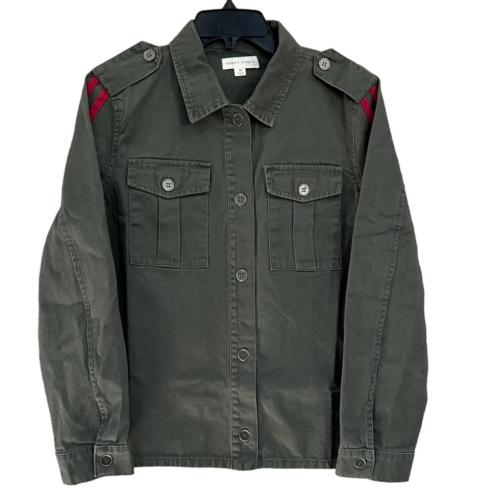 Honey Punch Women’s Green Striped Sleeves Utility/Military Shacket Jacket M‌ - Picture 3 of 7